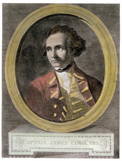 صورة الكابتن جيمس كوك (1728-79) ، من واجهة "رحلة حول العالم إلى القطب الجنوبي" (تلوين لاحق) بواسطة وليام هودجز