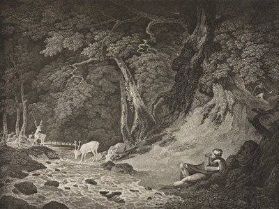 The Forest of Arden ، الفصل الثاني ، المشهد الأول ، من فيلم "كما تحبها" ، من معرض Boydell شكسبير ، نُشر في أواخر القرن التاسع عشر بواسطة وليام هودجز