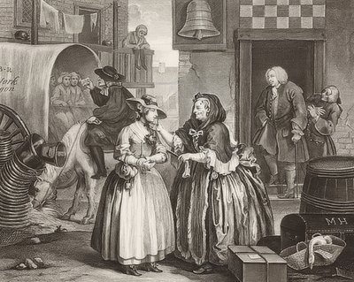 A Harlot؟ S Progress - The Way of a Whore، Sheet 1: الوصول إلى لندن. 1732 بواسطة وليام هوغارث