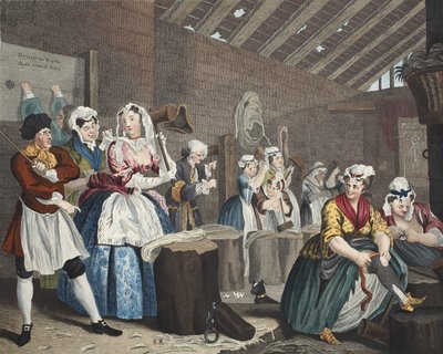 تقدم Harlot ، اللوحة lV: مشهد في Bridewell ، رسم توضيحي من "Hogarth Restored: The Whole Works of the William Hogarth الشهير ، أعيد نقشه توماس كوك" ، الحانة. 1812 (حفر يدوي ملون بواسطة وليام هوغارث