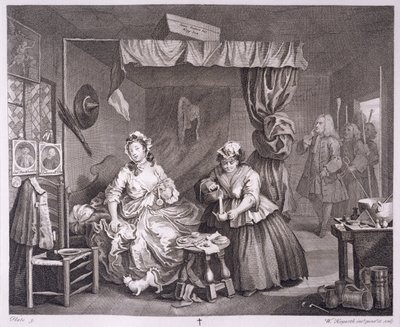 تقدم Harlot ، اللوحة الثالثة ، من "الأعمال الأصلية والأصلية لوليام هوغارث" ، المنشورة في لندن ، 1820-22 بواسطة وليام هوغارث