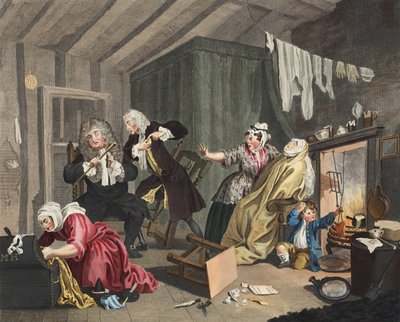 تقدم Harlot&39;s ، اللوحة الخامسة ، رسم توضيحي من "Hogarth Restored: The Whole Works of the William Hogarth الشهير ، أعيد نقشه توماس كوك" ، الحانة. 1812 (نقش يدوي) بواسطة وليام هوغارث