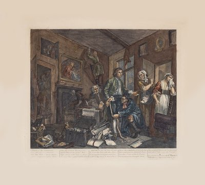 تقدم الخليع ، اللوحة 1: الوريث الشاب يستحوذ على آثار البخيل ، حوالي 1735. بواسطة وليام هوغارث