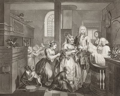 A Rake؟ S Progress ، اللوحة 5: The Rake الزواج من امرأة عجوز - الورقة 5: توم Rakewell يتزوج امرأة عجوز غنية). 1735 بواسطة وليام هوغارث