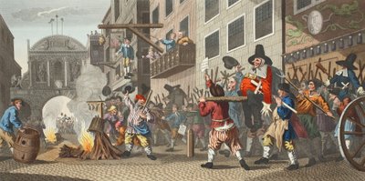حرق الردف في معبد بار ، رسم توضيحي من "Hogarth Restored: The Whole Works of the William Hogarth الشهير ، أعيد نقشه توماس كوك" ، الحانة. 1812 (نقش يدوي) بواسطة وليام هوغارث