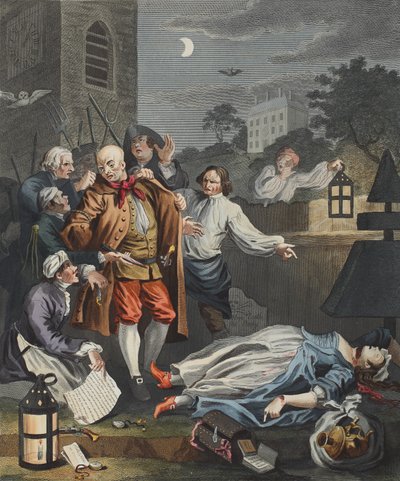 القسوة في الكمال ، من "أربع مراحل للقسوة" ، رسم توضيحي من "Hogarth Restored: The Whole Works of the الشهير William Hogarth ، الذي أعاد توماس كوك نقشه" ، حانة. 1812 (نقش ملون يدويًا) بواسطة وليام هوغارث