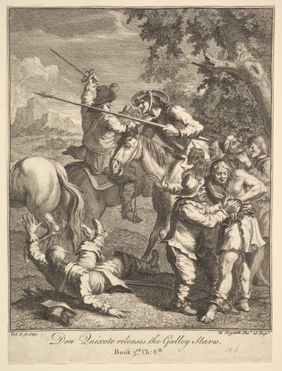 دون كيشوت يطلق غالي سلايفز ستة رسوم توضيحية لدون كيشوت ، 1756 أو بعد ذلك. بواسطة وليام هوغارث