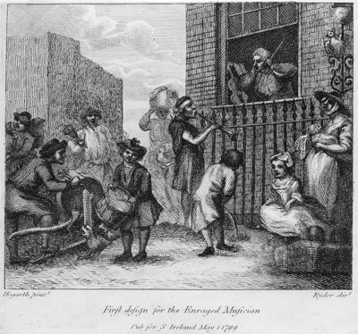 أول تصميم للموسيقي الغاضب 1799 بواسطة وليام هوغارث