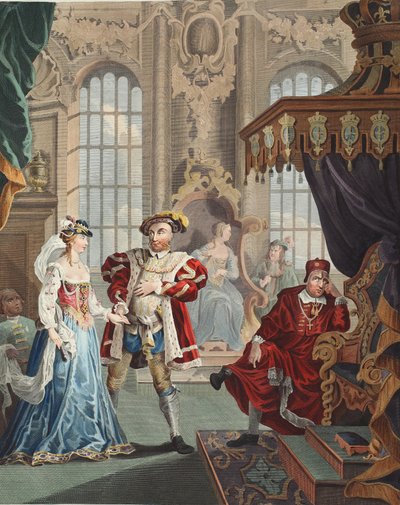 هنري الثامن وآن بولين ، رسم توضيحي من "Hogarth Restored: The Whole Works of the الشهير William Hogarth ، الذي أعاد توماس كوك نقشه" ، حانة. 1812 (نقش ملون يدويًا) بواسطة وليام هوغارث