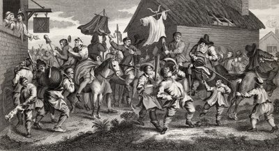 يصادف Hudibras Skimmington ، نقشها TE Nicholson ، من "Hudibras" ، بقلم Samuel Butler (1612-80) من "أعمال هوغارث" ، نُشر عام 1833 بواسطة وليام هوغارث
