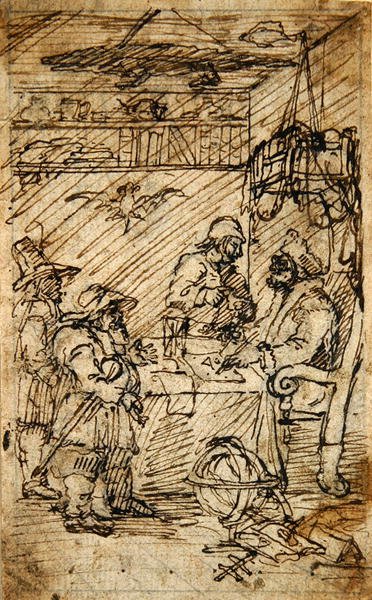Hudibras في زيارة Sidrophel (قلم وحبر بني فوق قلم رصاص على ورق) بواسطة وليام هوغارث