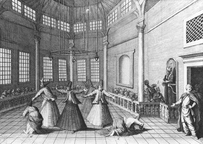 داخل مسجد تركي ، رسم توضيحي من Aubry de la Mottraye&39;s "رحلات عبر أوروبا وآسيا إلى جزء من إفريقيا" ، تم نشره عام 1723 بواسطة وليام هوغارث