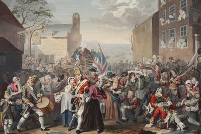 مسيرة الحرس إلى فينتشلي ، رسم توضيحي من "Hogarth Restored: The Whole Works of the William Hogarth الشهير ، أعيد نقشه توماس كوك" ، الحانة. 1812 (نقش يدوي) بواسطة وليام هوغارث