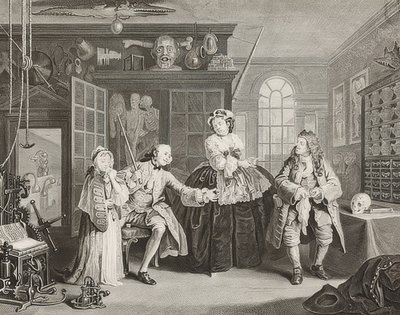 زواج لا موضة. الورقة 3: التفتيش - Der Graf und der Quacksalber. 1745 بواسطة وليام هوغارث