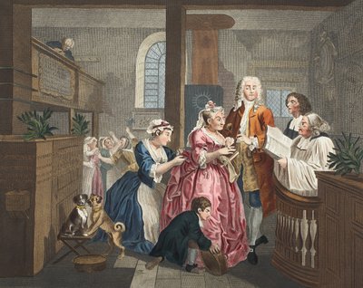متزوج من خادمة قديمة ، اللوحة الخامسة من "تقدم Rake" ، صورة توضيحية من "Hogarth Restored: The Whole Works of the Celebrated William William Hogarth ، أعيد نقشه توماس كوك" ، الحانة. 1812 (ملونة يدوياً بواسطة وليام هوغارث
