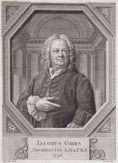 صورة لجيمس جيبس (1682-1754) من "الخطط والأقسام والارتفاعات بمكتبة رادكليف" ، نقشها برنارد بارون (1696-ج 1766) 1750 بواسطة وليام هوغارث