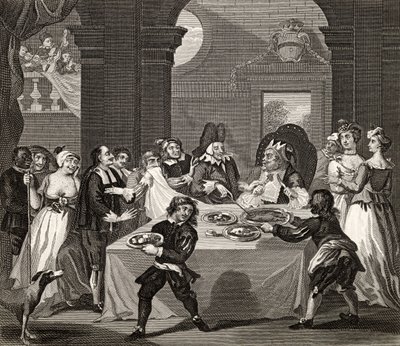 سانشو في العيد المجوع من قبل طبيبه ، من "أعمال هوغارث" ، نشر عام 1833 بواسطة وليام هوغارث
