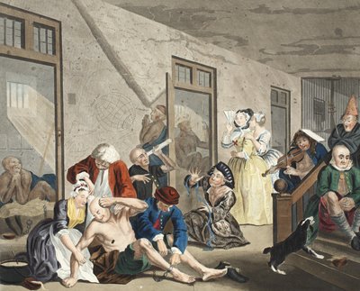 مشهد في Bedlam ، اللوحة الثامنة ، من A Rake&39;s Progress ، رسم توضيحي من "Hogarth Restored: The Whole Works of the William William Hogarth الشهير ، الذي نقشه توماس كوك" ، الحانة. 1812 (engra اليد الملونة بواسطة وليام هوغارث