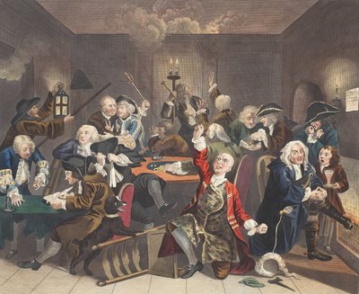 مشهد في بيت ألعاب ، اللوحة السادسة من "تقدم Rake&39;s ، صورة توضيحية من" Hogarth Restored: The Whole Works of the William Hogarth الشهير ، أعيد نقشه توماس كوك ، الحانة. 1812 (ملونة يدوياً بواسطة وليام هوغارث