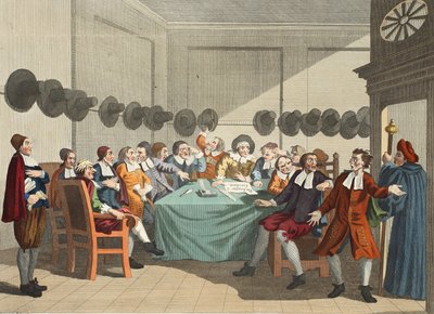 اللجنة ، من "Hudibras" بقلم صامويل بتلر (1612-80) ، صورة توضيحية من "Hogarth Restored: The Whole Works of the William Hogarth الشهير ، أعيد نقشه توماس كوك" ، حانة. 1812 (ملونة يدوياً بواسطة وليام هوغارث