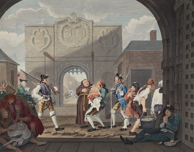 بوابة كاليه ، أو O The Roast Beef of Old England ، توضيح من `` Hogarth Restored: The Whole Works of the Celebrated William William Hogarth ، re-engraved by Thomas Cook &39;، حانة. 1812 (ملونة باليد en بواسطة وليام هوغارث