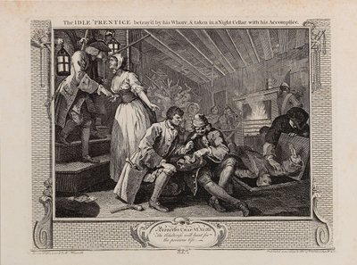 The Idle 'Prentice الذي تعرض للخيانة من قبل عاهره وأخذ في قبو ليلي مع شركائه ، 1747. بواسطة وليام هوغارث