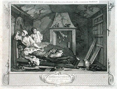 The Idle "Prentice Returned from sea، and in Garret with a postomy" ، اللوحة السابعة من "الصناعة والبطالة" ، نُشرت عام 1833 (نقش) بواسطة وليام هوغارث