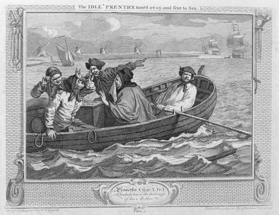 The Idle "Prentice Turned Away أُرسل إلى البحر ، اللوحة V من" Industry and Idleness "، نُشرت عام 1833 بواسطة وليام هوغارث