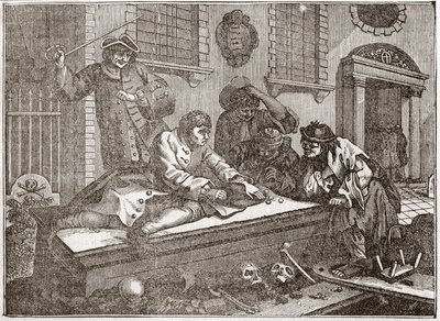 The Idle 'Prentice at Play in the Church Yard، أثناء الخدمة الإلهية - لوحة من سلسلة من 12 نقشًا لوليام هوغارث (1697-1764) ، الرسام البريطاني ، بعنوان "الصناعة والكسل" ، "The Zele and the Laziness" ، يروي وظائف اثنين أ بواسطة وليام هوغارث