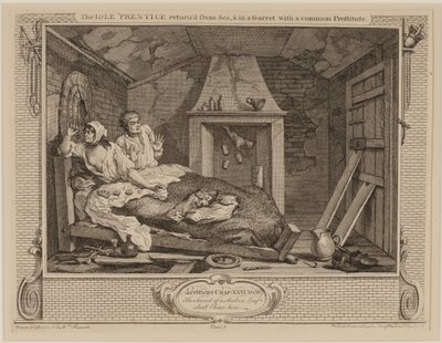 عادت The Idle &39;Prentice من البحر وفي Garret مع عاهرة مشتركة ، من سلسلة "Industry and Idleness" ، أكتوبر 1747 (الحفر والنقش) بواسطة وليام هوغارث
