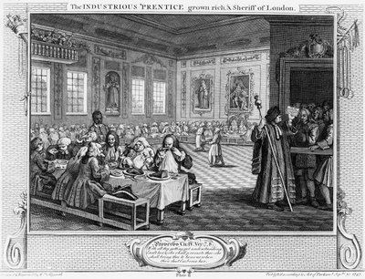 The Prustice Grown Rich ، و Sheriff of London ، اللوحة الثامنة من "الصناعة والبطالة" ، 1747 بواسطة وليام هوغارث