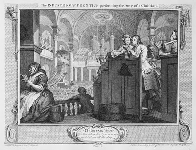The Prentice "المجتهد الذي يقوم بواجب مسيحي ، اللوحة الثانية من" الصناعة والبطالة "، 1747 (النقش) بواسطة وليام هوغارث