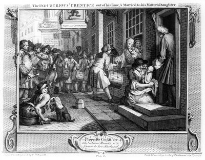 المجتهد &39;Prentice من وقته وتزوج من ابنة سيده ، اللوحة السادسة من&39; الصناعة والبطالة &39;، 1747 بواسطة وليام هوغارث