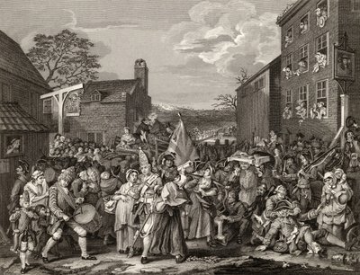 مسيرة إلى فينشلي ، نقشها تي إي نيكلسون ، من "أعمال هوغارث" ، نُشر عام 1833 بواسطة وليام هوغارث