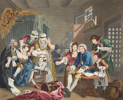 The Rake in Prison ، اللوحة السابعة ، من "A Rake&39;s Progress" ، صورة توضيحية من "Hogarth Restored: The Whole Works of the William Hogarth الشهير ، أعيد نقشه توماس كوك" ، الحانة. 1812 (ملونة باليد هـ بواسطة وليام هوغارث