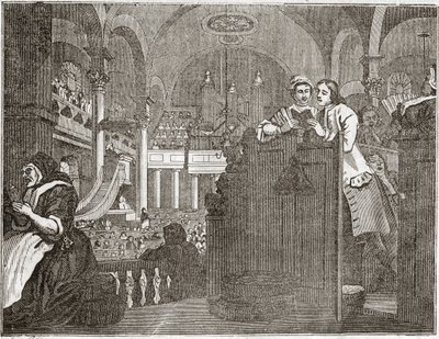هو "برنتيس" المجتهد الذي يؤدي واجب مسيحي ، من سلسلة "الصناعة والبطالة" "، أكتوبر 1747 - لوحة من سلسلة من 12 نقشًا لرسام بريطاني ويليام هوغارث (1697-1764) ، بعنوان" الصناعة والبطالة " "،" The Zele a بواسطة وليام هوغارث