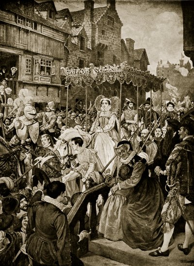 دخلت ماري ملكة الاسكتلنديين أدنبرة ، 1561 ، رسم توضيحي من "قصة هتشنسون للأمة البريطانية" ، 1923 بواسطة وليام هول