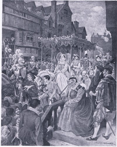 دخول الدولة للملكة ماري إلى إدنبرة 1561 ، من Cassells History of the British People الذي نشرته Waverley Book Company ، حوالي 1950 (litho) بواسطة وليام هول