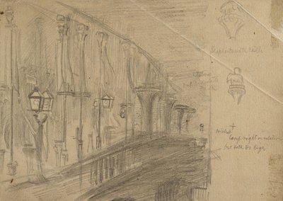 Recto: دراسة جسر لندن لـ "جسر لندن في ليلة زواج أمير وأميرة ويلز" ، 1863 (الجرافيت على ورق برتقالي) بواسطة وليام هولمان هانت