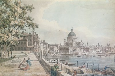 نسخة من جزء من رسم رسمته Canaletto لكاتدرائية القديس بولس من تراس منزل سومرست (مرحاض وقلم وغسل) بواسطة وليام جيمس