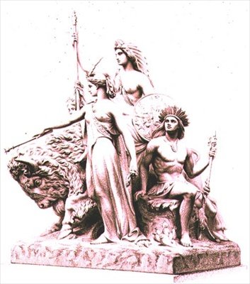 أمريكا ، نقشها الفنان من مجموعة الرخام لجون بيل (1811-95) في ذا ألبرت ميموريال ، هايد بارك ، حانة. بالفضيلة والشركة (النقش) بواسطة وليام جون روف