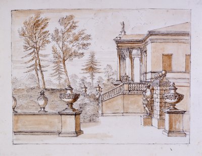 Chiswick, view of the Villa on the Inigo Jones statue side (pen & ink and wash over pencil on paper) بواسطة وليام كينت