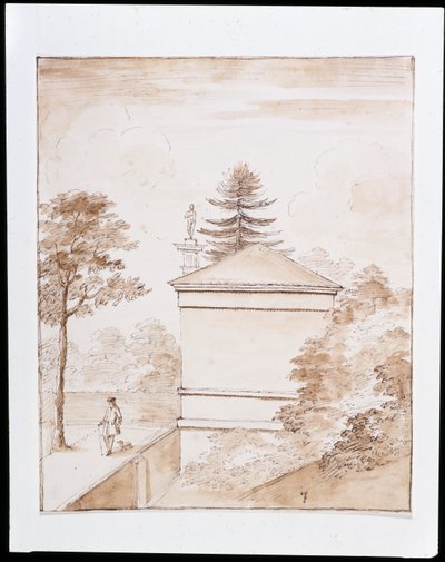 Chiswick, view of the side of the Deer House taken from the inner embankment of the ha-ha of the deer enclosure and with a glimpse of the Doric Column (pen & wash on paper) بواسطة وليام كينت