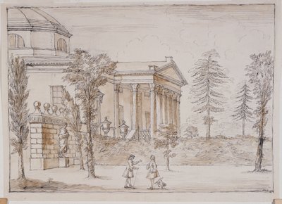 Chiswick, view of the villa from the Palladio statue side (pen & ink and wash over pencil on paper) بواسطة وليام كينت