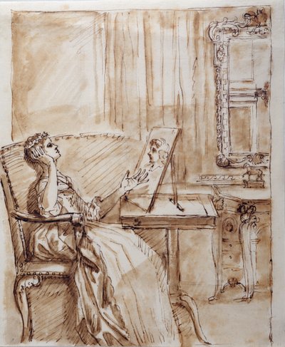 Lady Burlington sitting in her Garden Room admiring an Old Master (?) drawing (pen & ink on paper) بواسطة وليام كينت