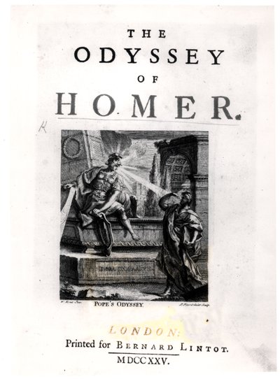 صفحة العنوان لـ "The Odyssey" من تأليف Homer ، محفورة بواسطة Pierre Fourdrinier (fl.1720-60) بواسطة وليام كينت