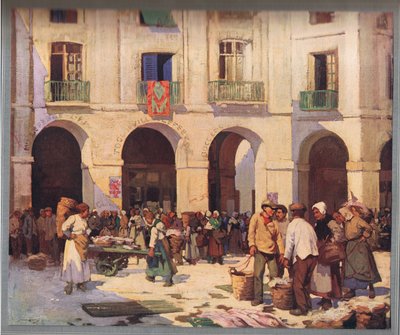 سوق السمك في دييب ، من كتاب "الحلفاء في الفن" المنشور حوالي عام 1925 (ليثو ملون) بواسطة وليام لي هانكي
