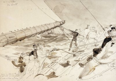 على متن اليخت الإمبراطوري الألماني "ميتيور" (1902)، مع أسماء أفراد الطاقم، بمن فيهم الإمبراطور الألماني (كايزر) فيلهلم الثاني (ويليام الثاني) (1859-1941)، على اليمين بواسطة وليام ليونيل ويلي