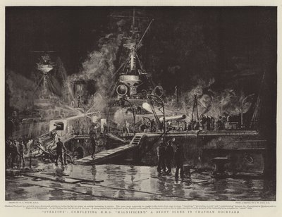 العمل الإضافي ، إكمال HMS Magnificent ، مشهد ليلي في Chatham Dockyard بواسطة وليام ليونيل ويلي