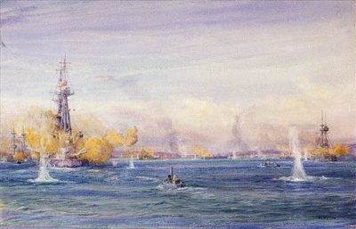 معركة الدردنيل (1915) (تركيا)، أثناء حملة غاليبولي، في بحر مرمرة. لوحة مائية، حوالي عام 1915 بريشة ويليام ليونيل ويلي (1851-1931). بواسطة وليام ليونيل ويلي
